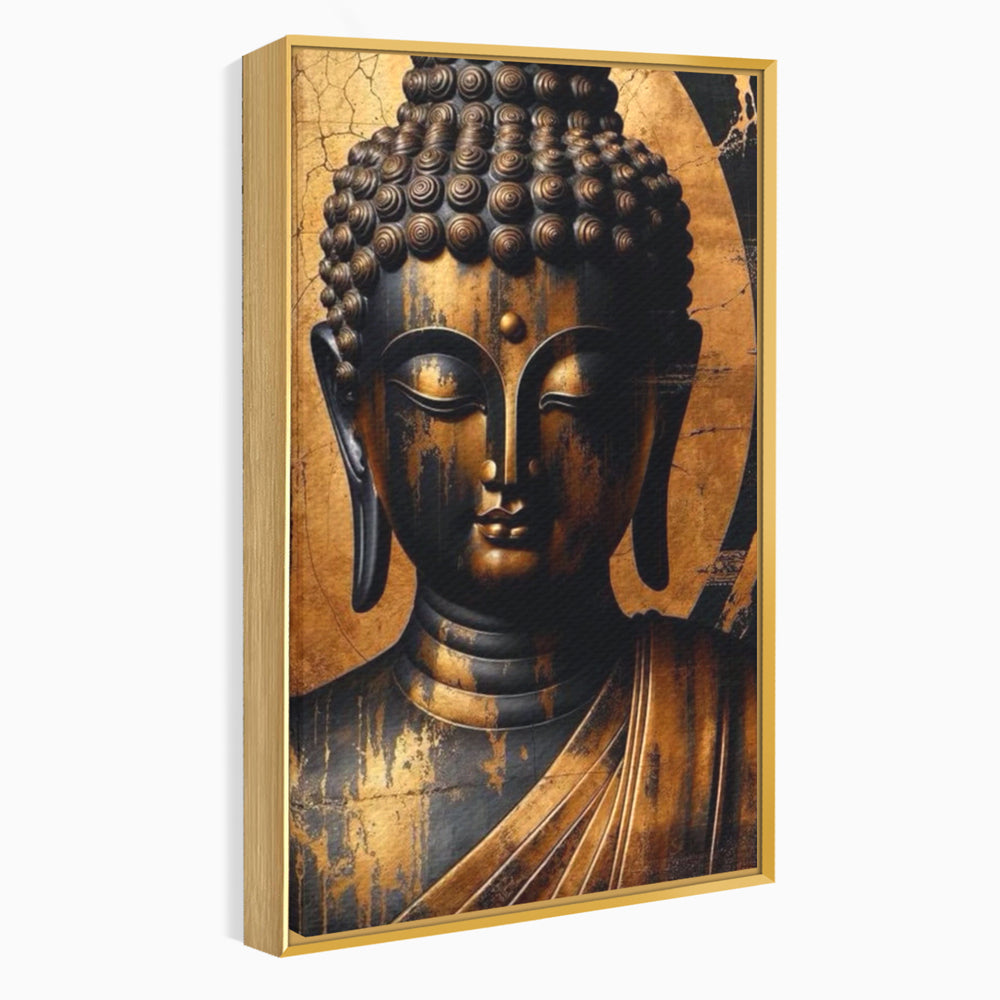 Tablou canvas cu tablou canvas cu capul lui buddha, in rama de aluminiu auriu